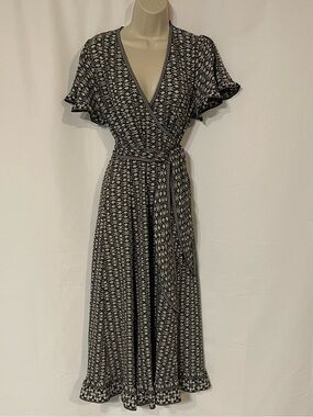 Max Studio Black and Cream Geometric Wrap Midi Dress
